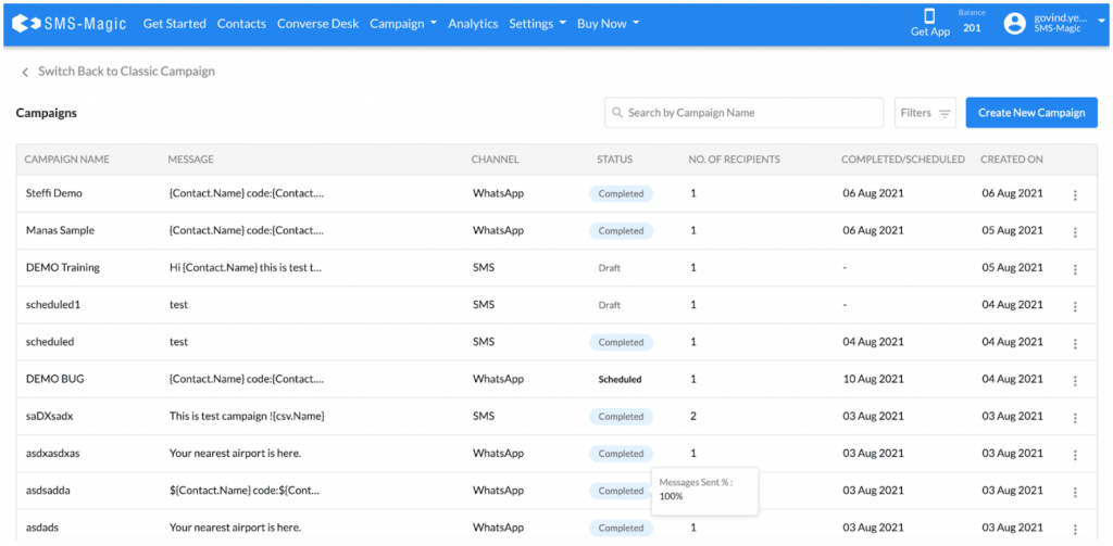 All Campaigns with status Image